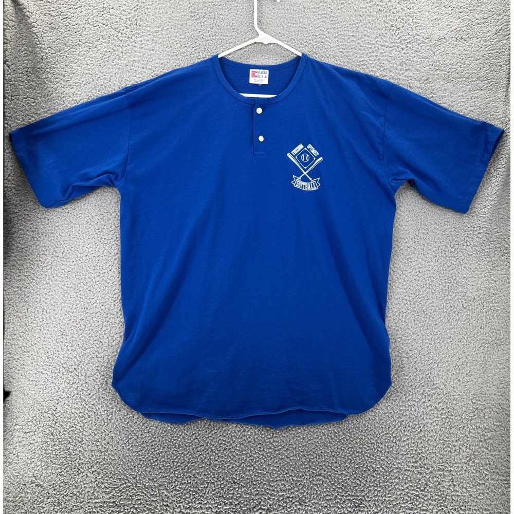 Vintage 90s Blue Henley Neck‎ Softball Staff Single Stitch T-Shirt 2XL USA